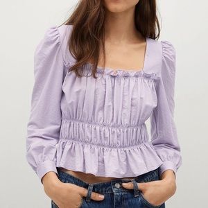 NWT MANGO Self Design Purple Smocked Cinched Waist Sustainable Top